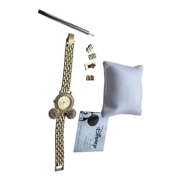 VTG Disney Mickey Mouse Watch Women Gold Rhinestone Link Disney Store Box